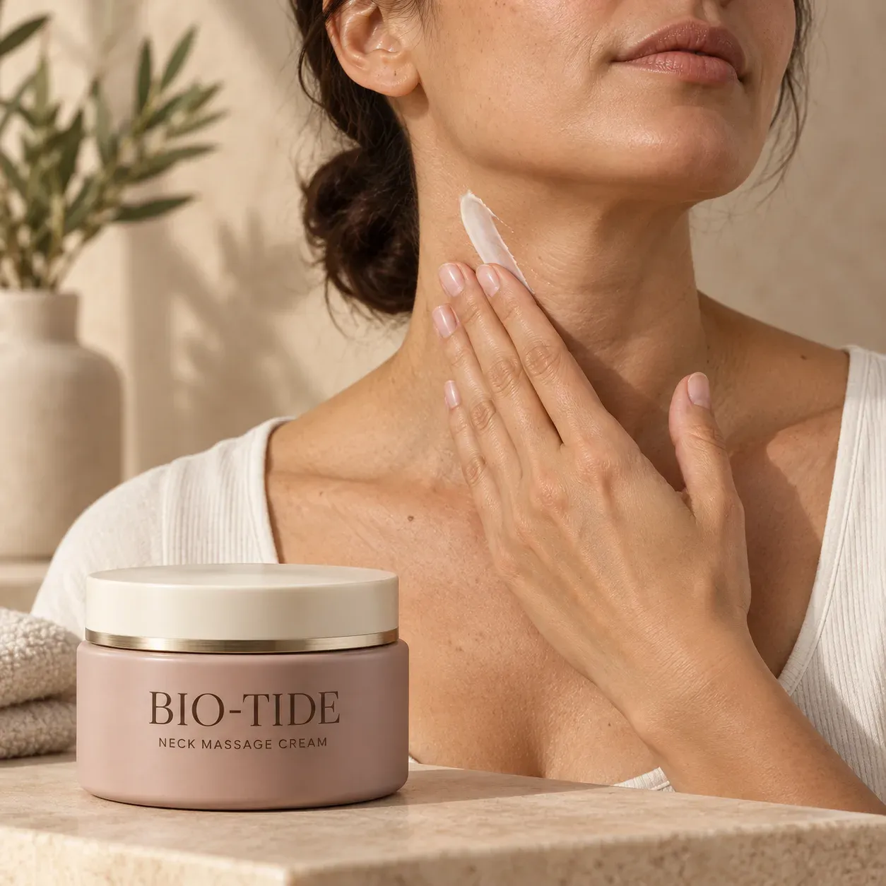 Gentle neck cream application with a natural upward hand movement
