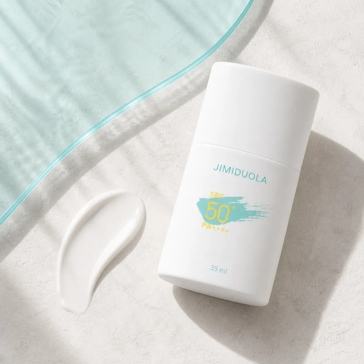 JIMIDUOLA sunscreen bottle with a smooth pearl-white lotion swatch
