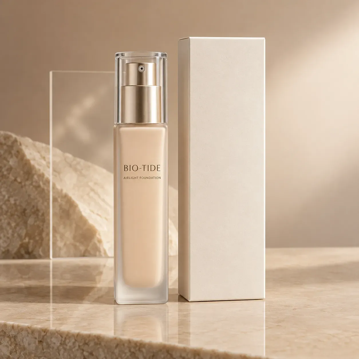 BIO-TIDE ivory foundation bottle with minimalist presentation carton