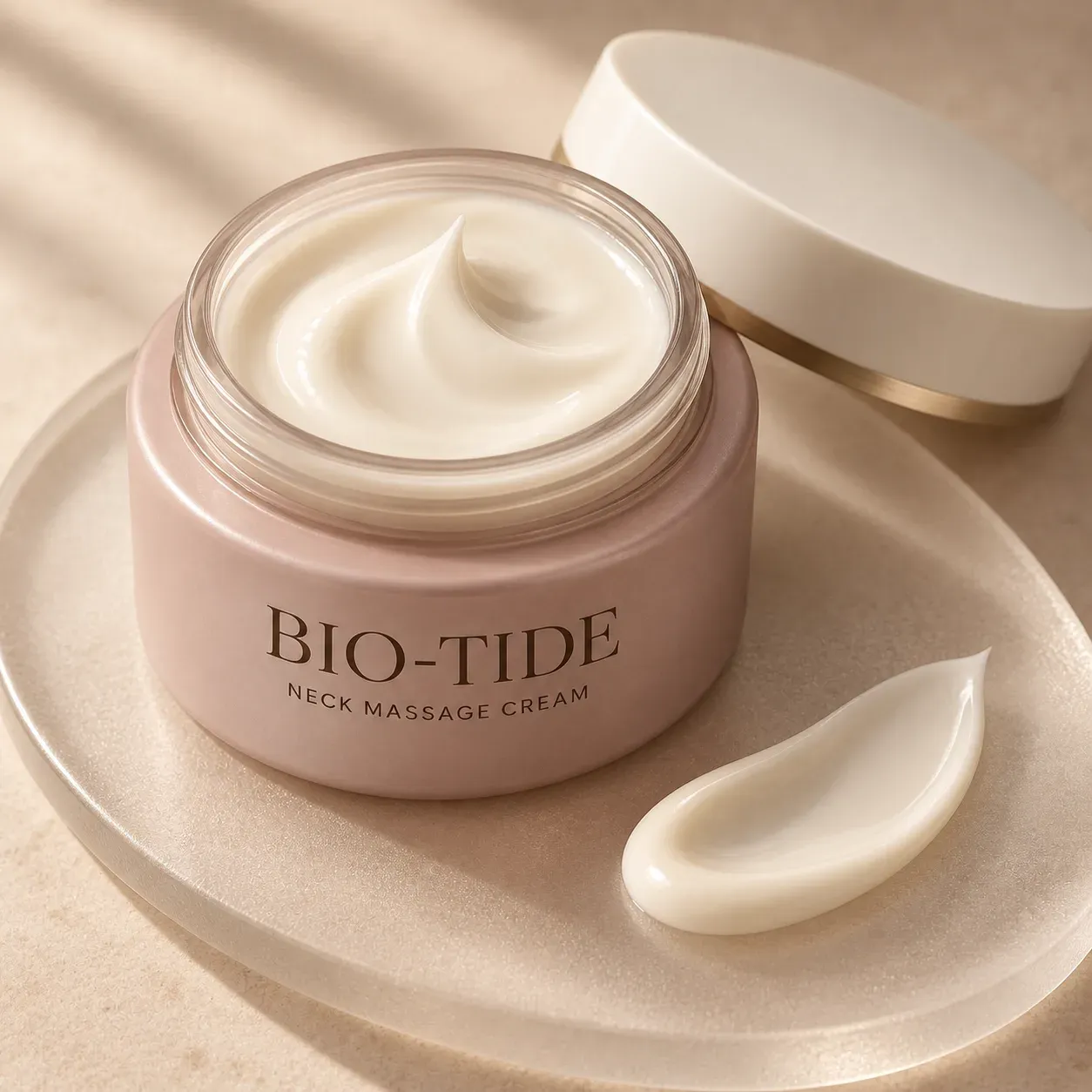 Uniform ivory cream texture shown with an open illustrative neck cream jar