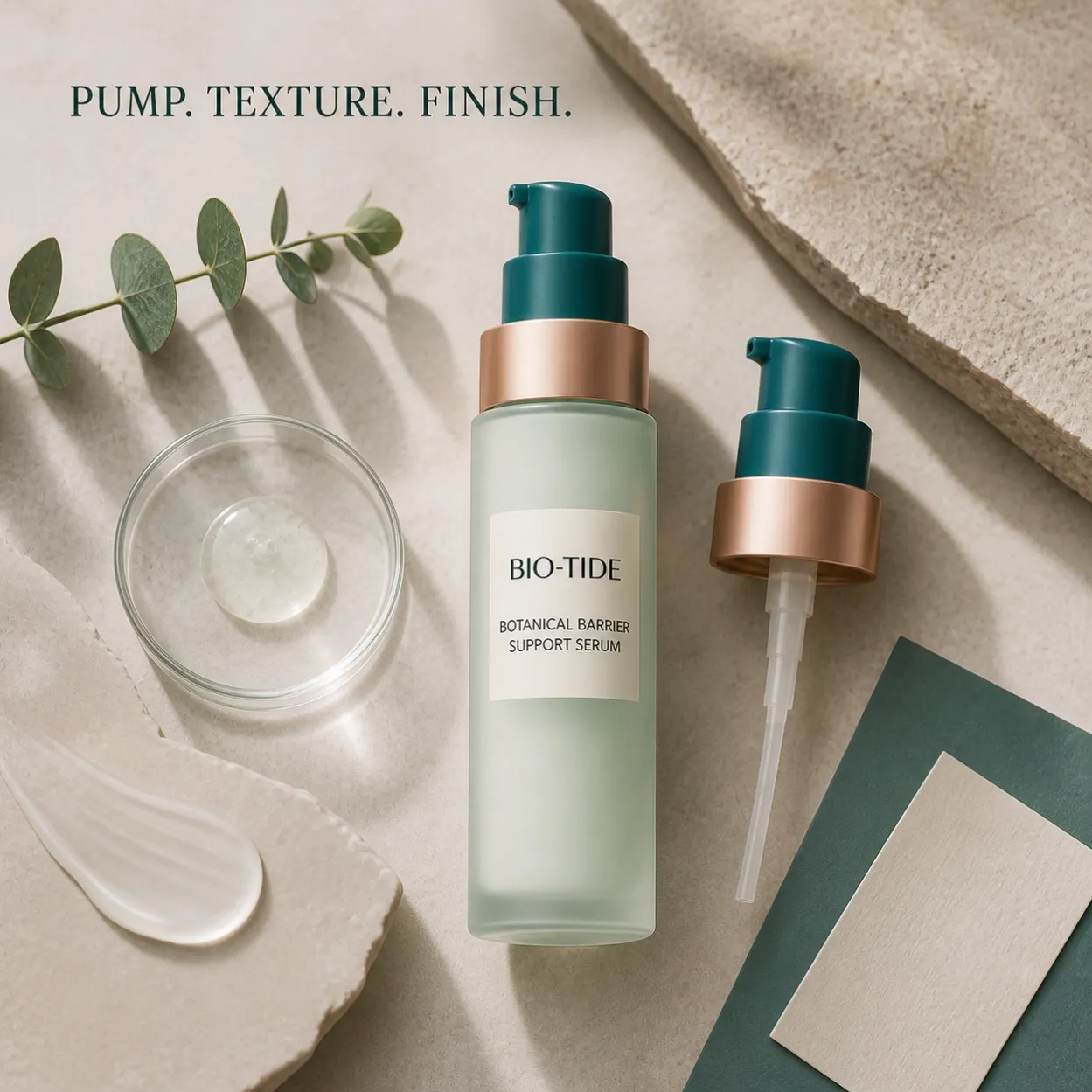 BOTANICAL BARRIER SUPPORT SERUM B2B pump, texture and packaging sample evaluation