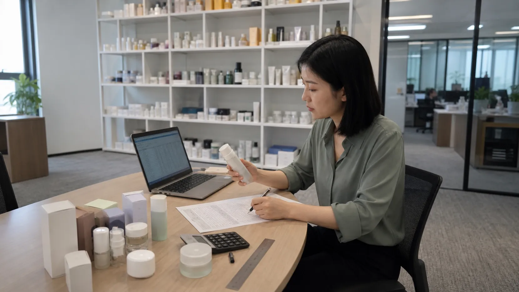Skincare product-development coordinator reviews packaging samples, quantity assumptions and a project brief in the BIO-TIDE showroom office