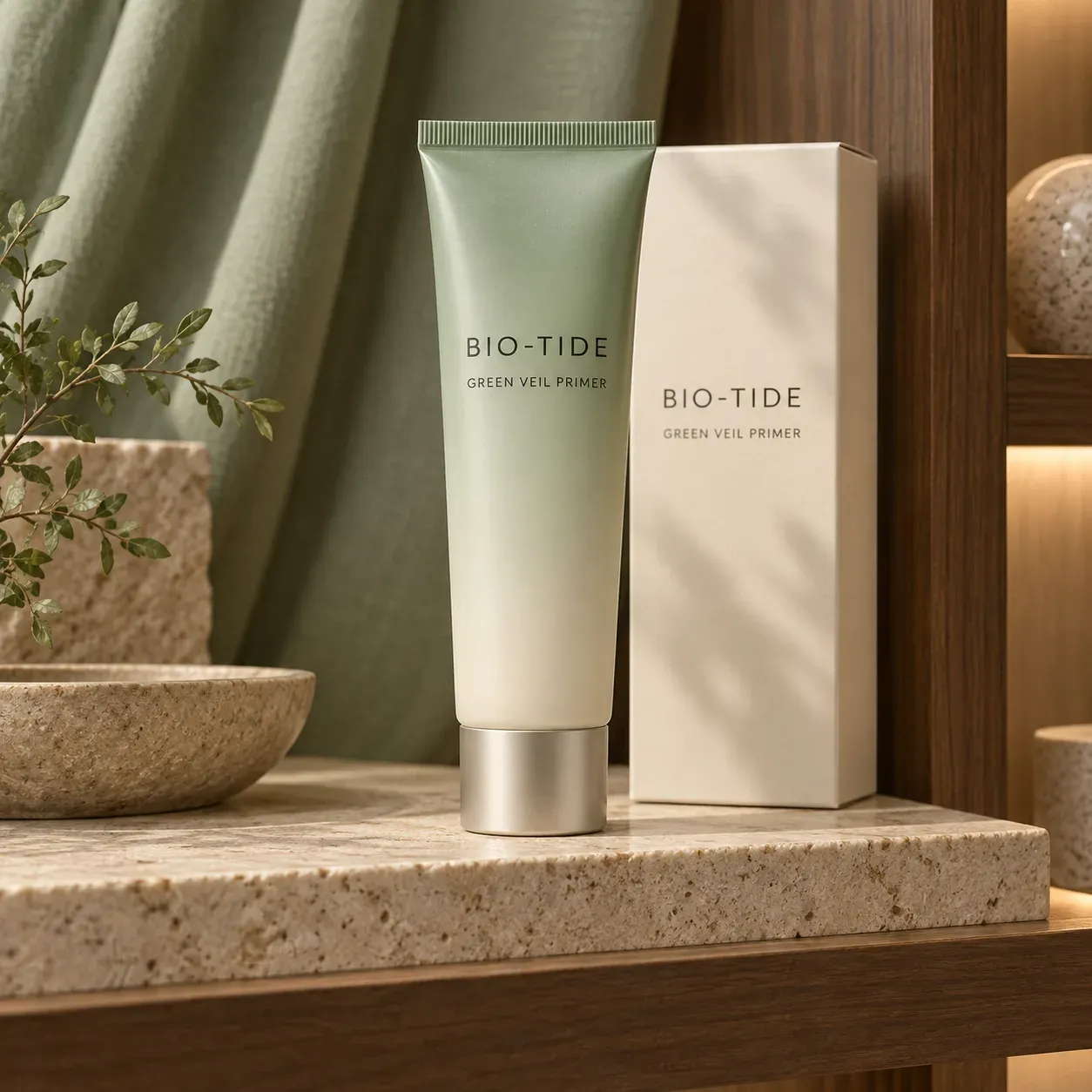 Tall BIO-TIDE green primer tube displayed on a warm boutique shelf