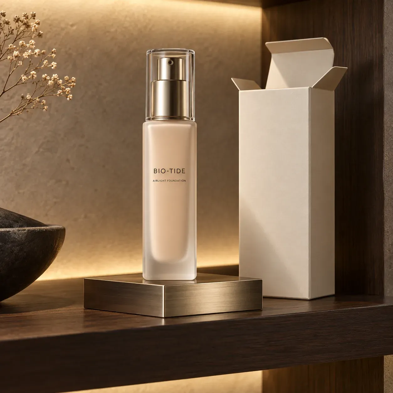 Tall BIO-TIDE foundation bottle displayed on a warm walnut retail shelf