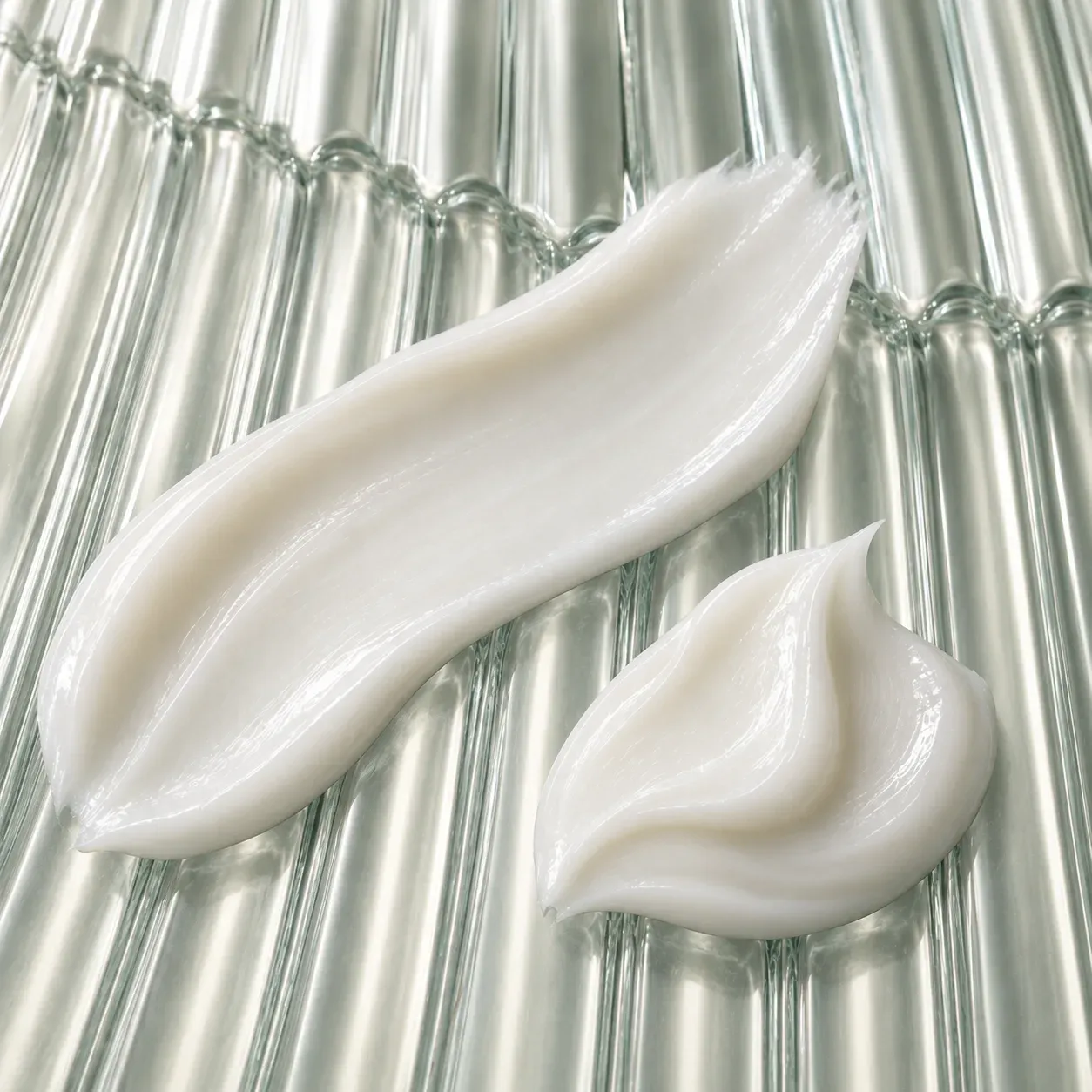Two controlled pearl-white conditioner swatches on fluted aqua glass
