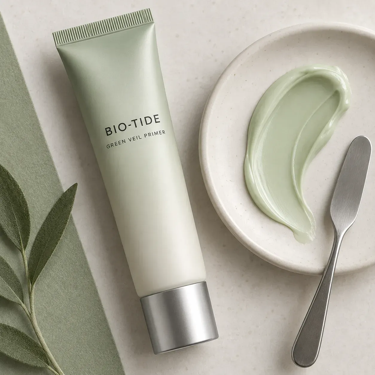 BIO-TIDE green primer tube beside a smooth pale mint cream swatch