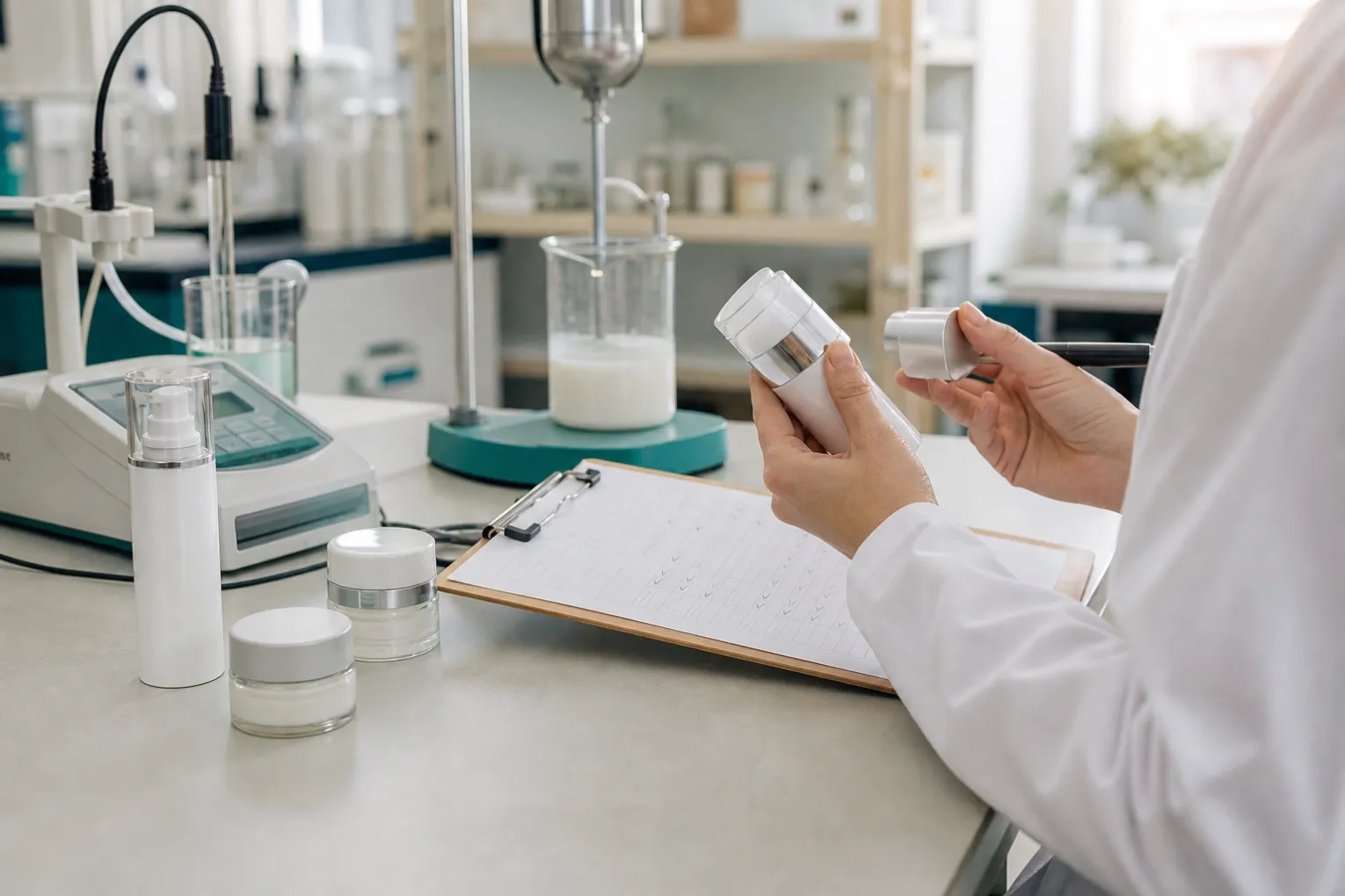 Skincare formulation scientist reviewing product specifications before scale-up