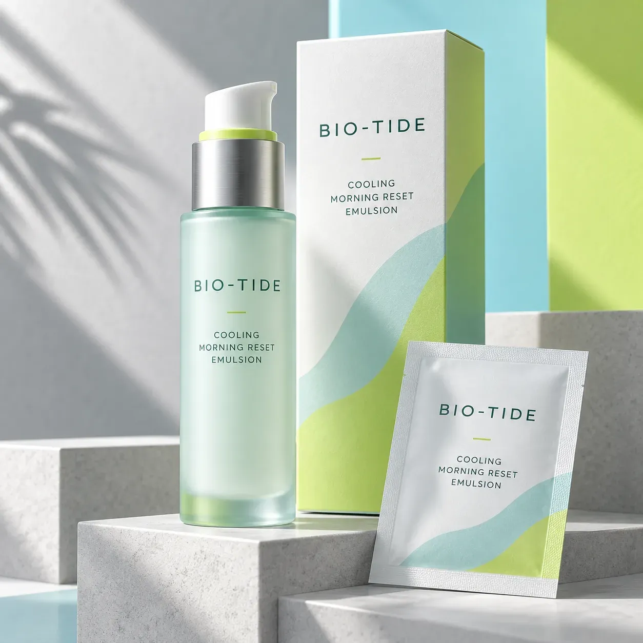 BIO-TIDE Cooling Morning Reset Emulsion bottle, carton and sample sachet