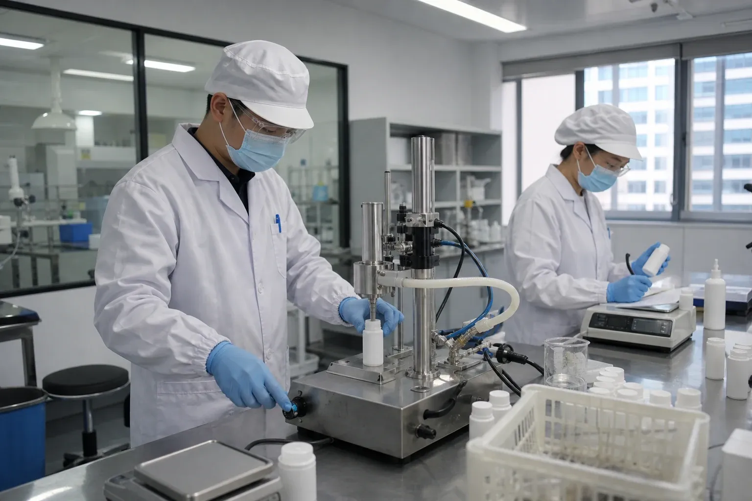 Cosmetic filling technicians checking bottle fill setup and finished unit weight
