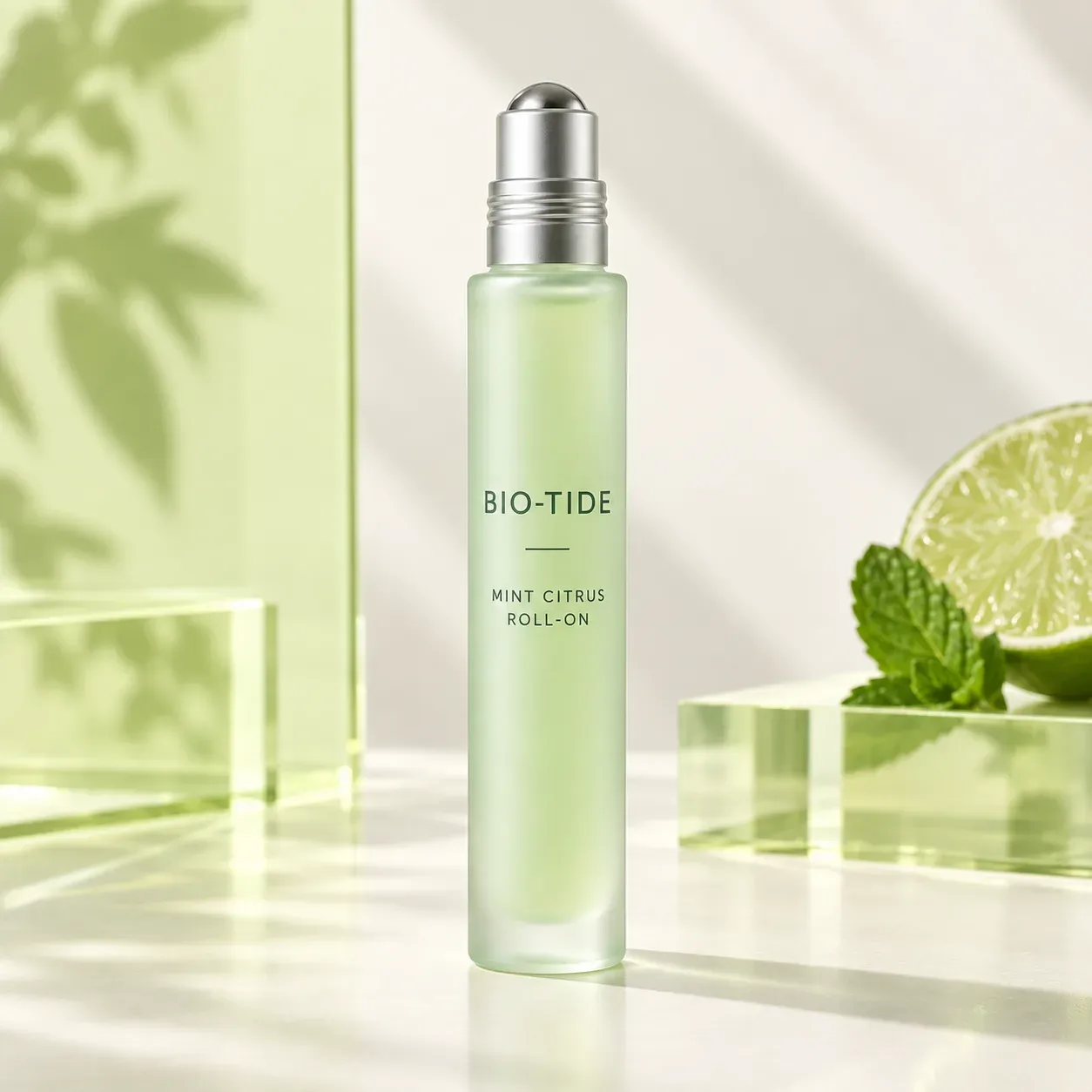 BIO-TIDE mint citrus cooling roll-on in a bright pale-green studio