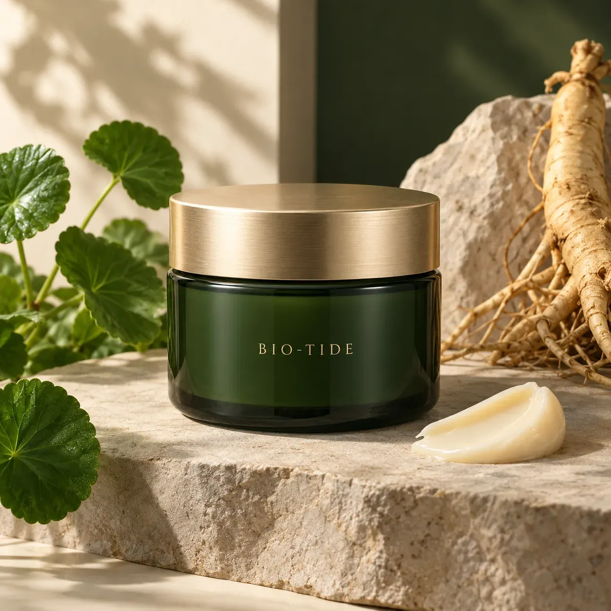 BIO-TIDE Centella Ginseng Massage Balm in a forest-green jar with champagne-gold lid