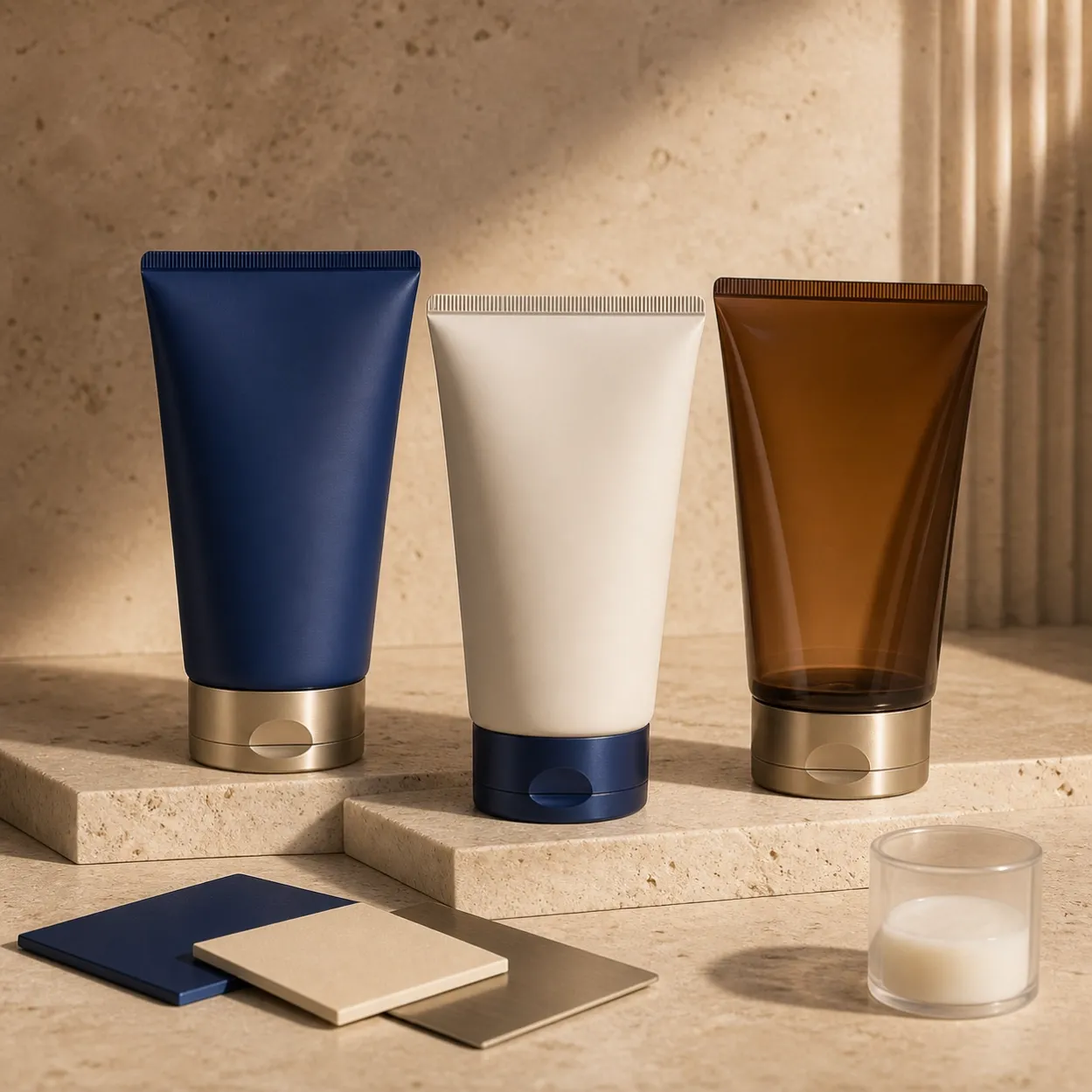 Cobalt, ivory and smoked amber squeeze-tube packaging routes for buyer review
