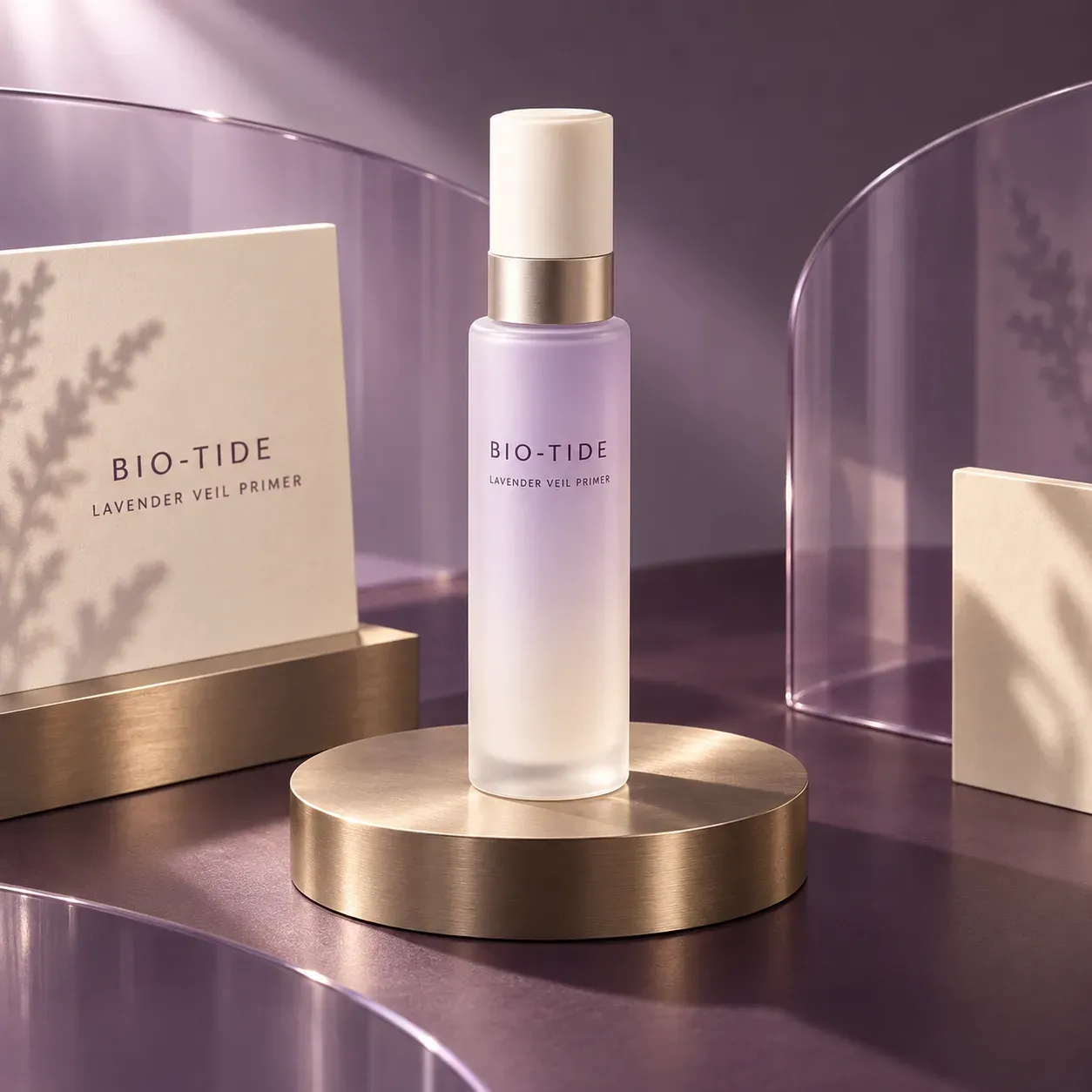 Tall BIO-TIDE lavender primer bottle on a champagne metal retail riser
