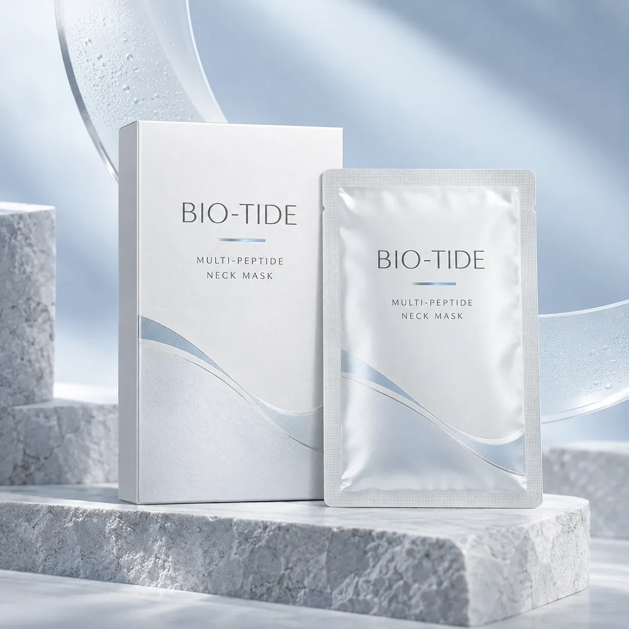 BIO-TIDE Multi-Peptide Neck Mask carton and pouch in pearl white and mist blue