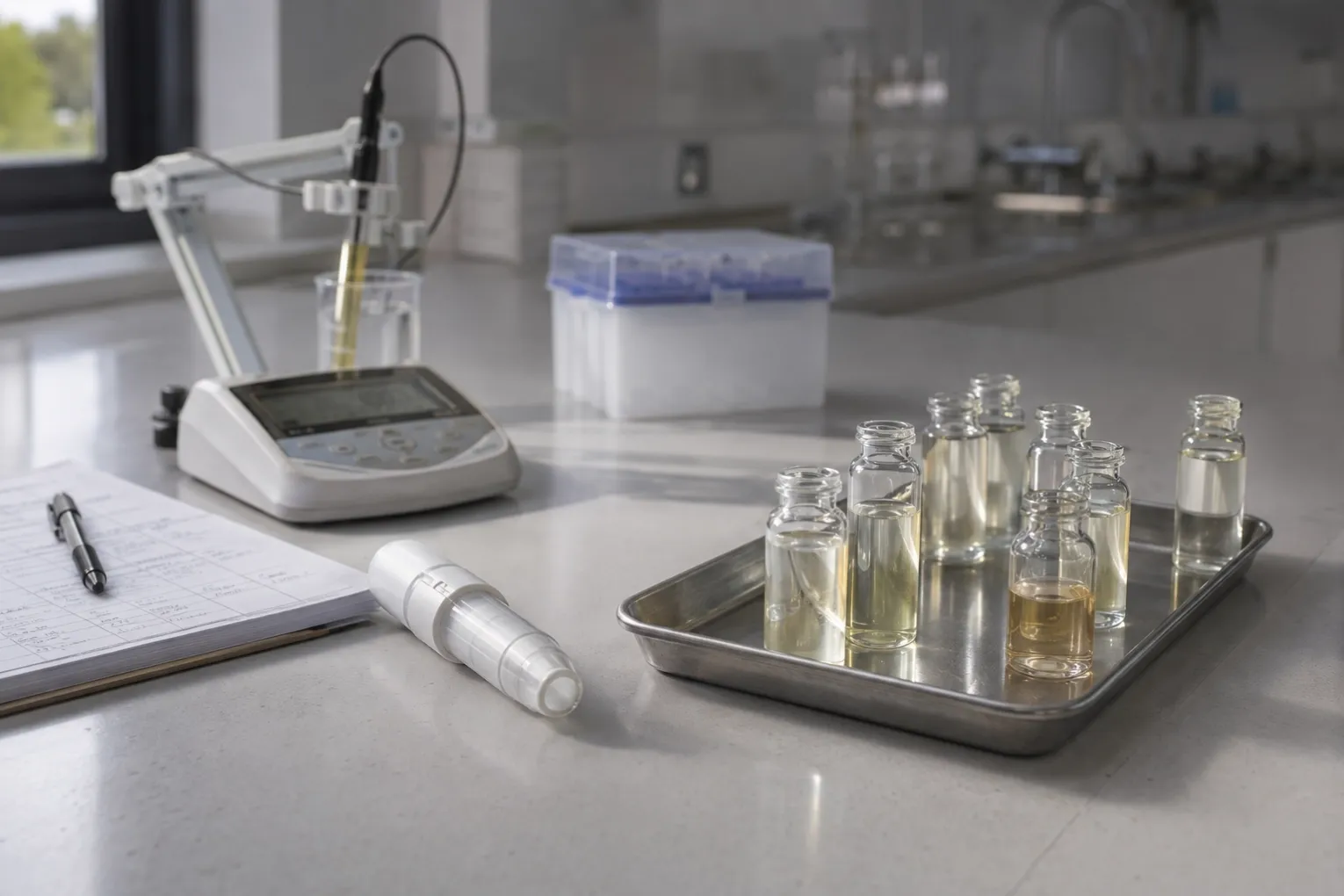 Peptide skincare development samples, pH meter and packaging component arranged on a cosmetic formulation bench