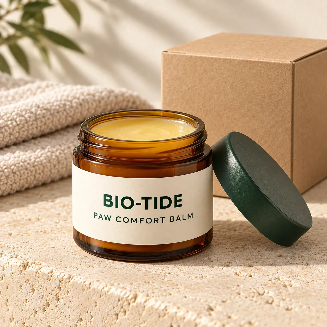 Open BIO-TIDE Paw Comfort Balm jar with carton and clean balm surface
