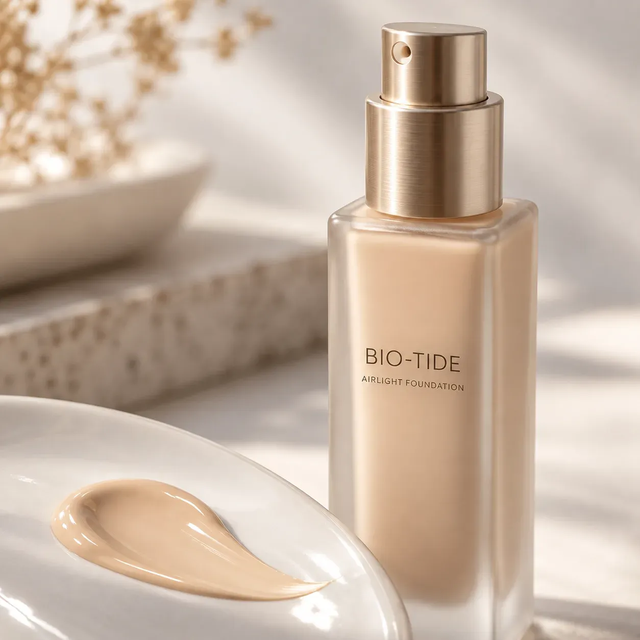Foundation pump detail beside a smooth ivory liquid swatch