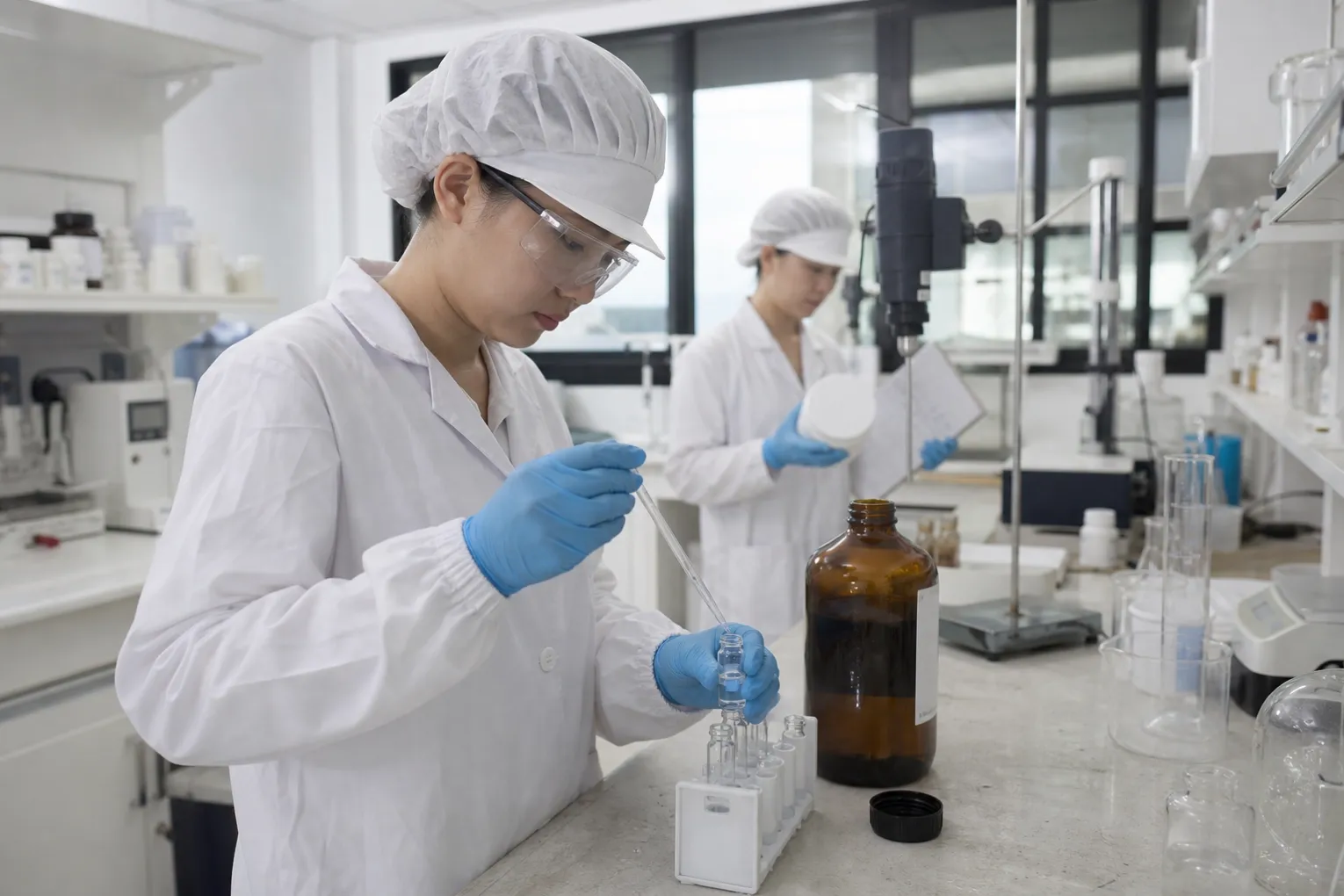 Cosmetic laboratory professionals sampling a raw material for qualification