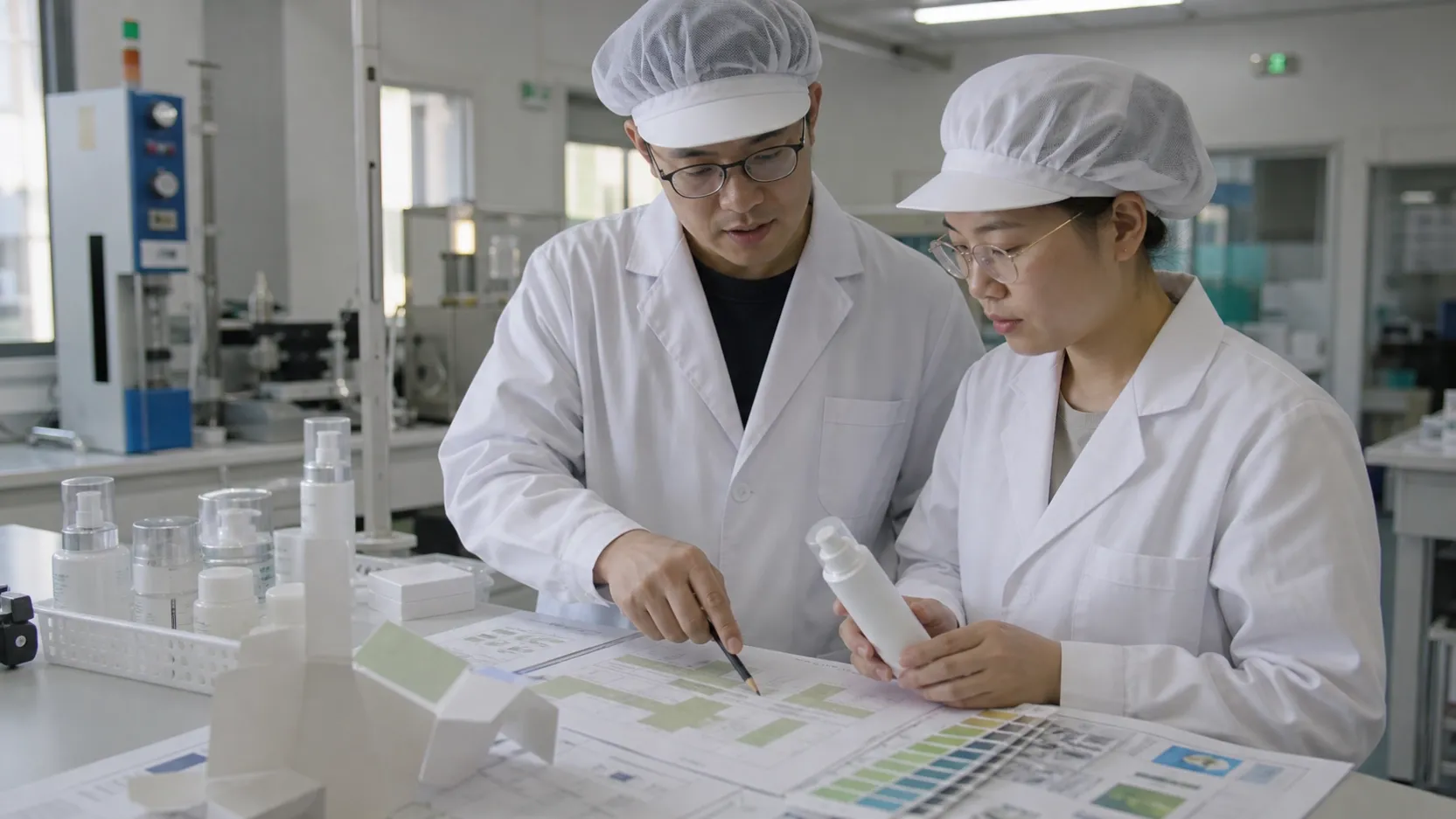 Skincare product and packaging specialists reviewing carton artwork and an airless bottle in a working laboratory