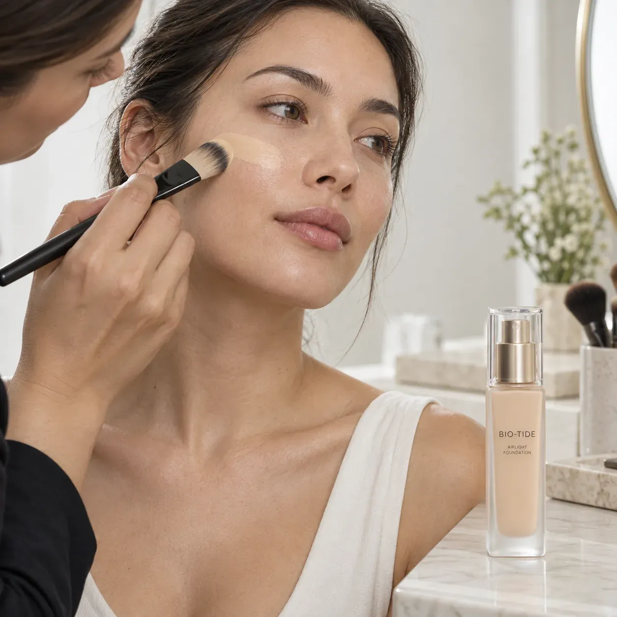 Makeup artist blending ivory foundation on realistic skin beside the BIO-TIDE bottle