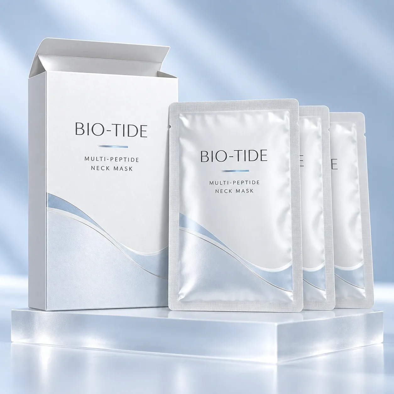 BIO-TIDE Multi-Peptide Neck Mask carton and individual sachets