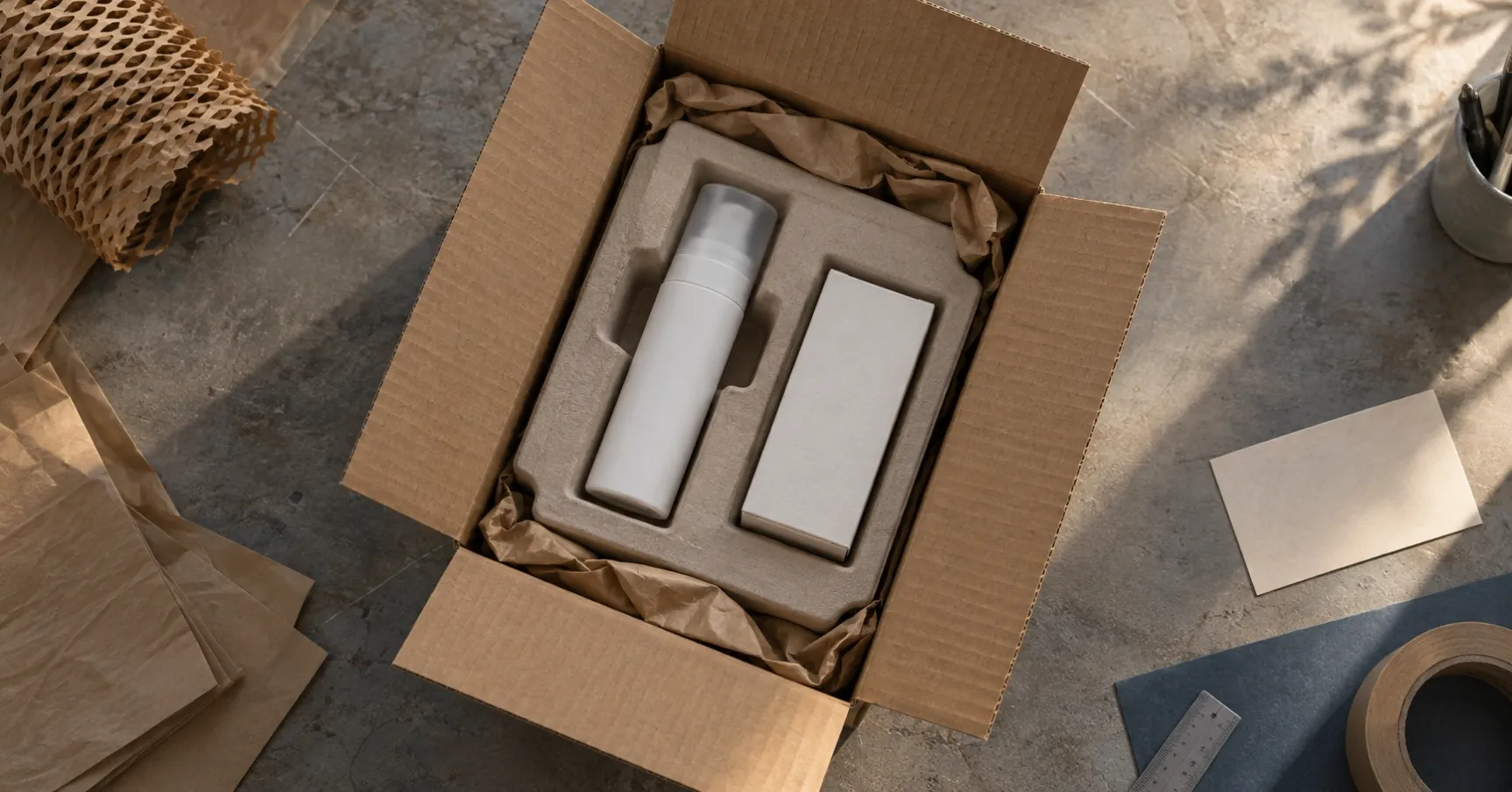 Open cosmetic e-commerce shipper with a molded-pulp insert, one airless bottle and one retail carton in late-afternoon light.
