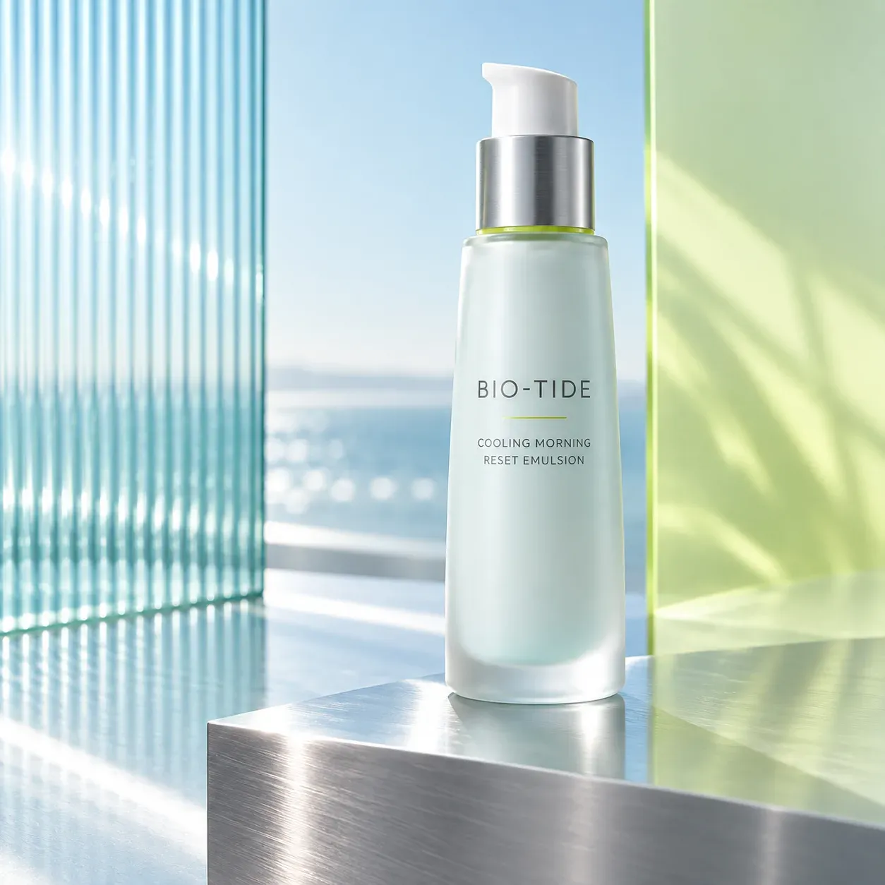 BIO-TIDE Cooling Morning Reset Emulsion airless bottle in a cool silver and aqua studio