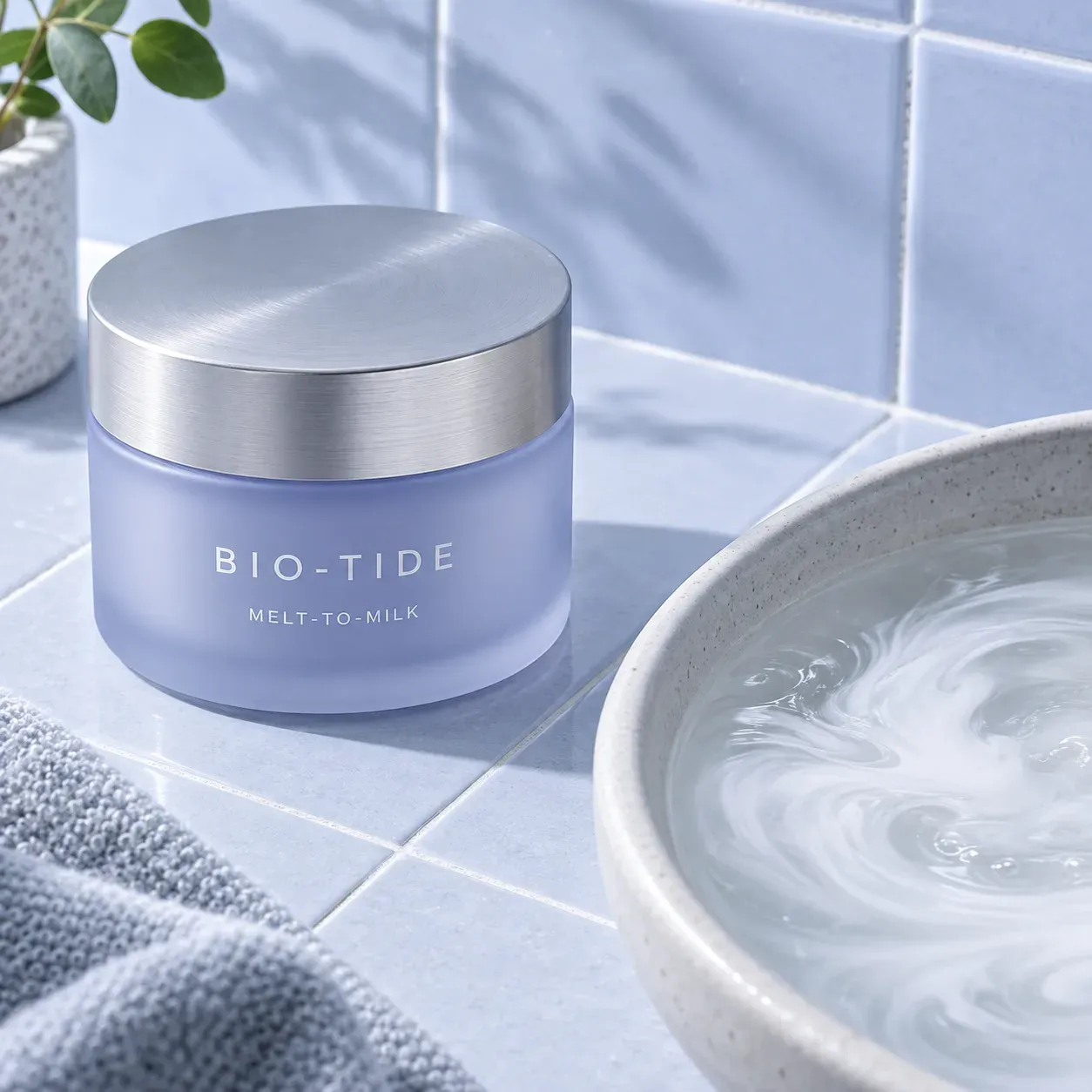 Closed BIO-TIDE cleanser jar beside a ceramic basin with a soft milky water swirl