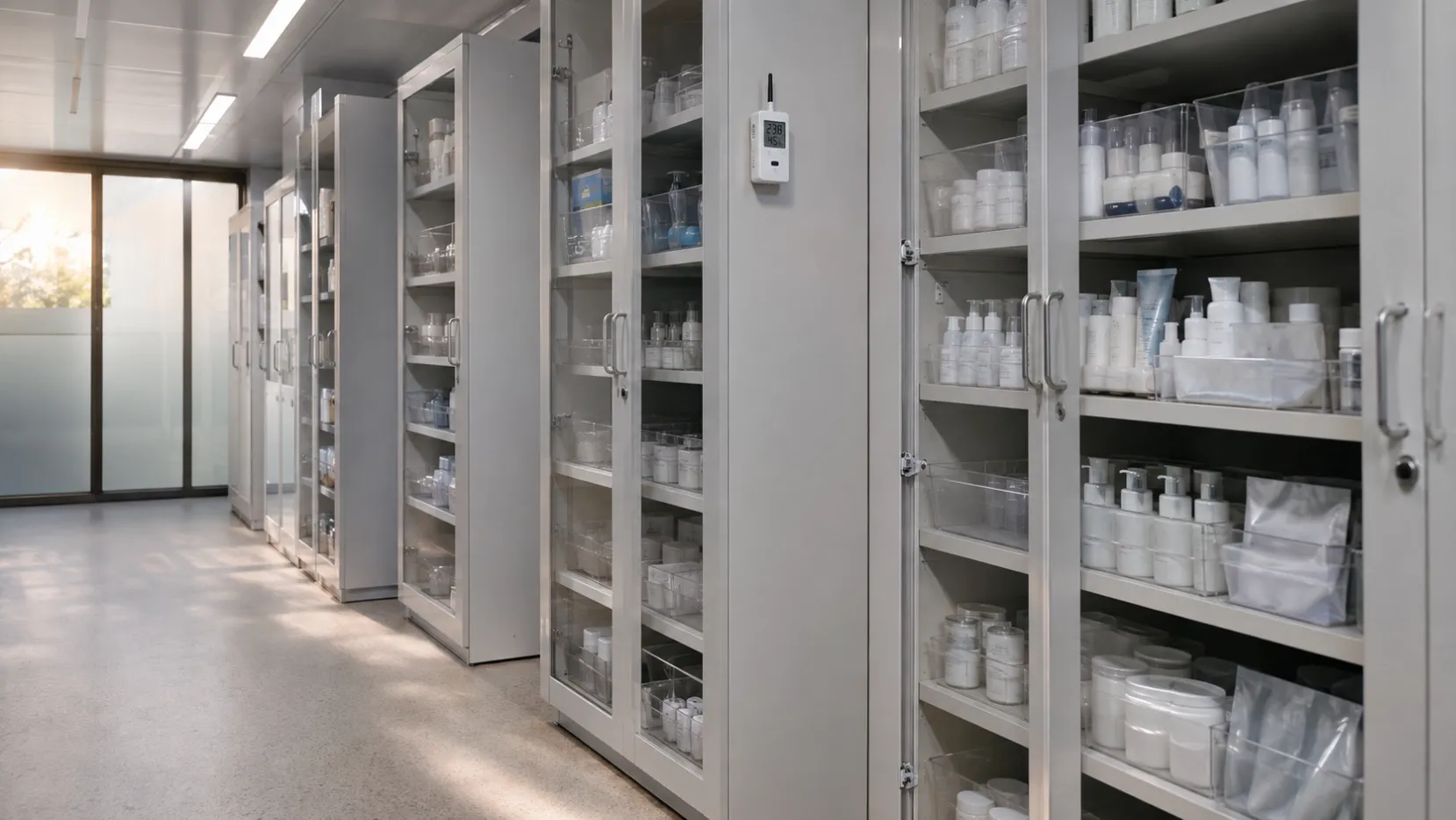 People-free cosmetic retain-sample storage aisle with sealed finished-product packs under mixed ceiling and side daylight