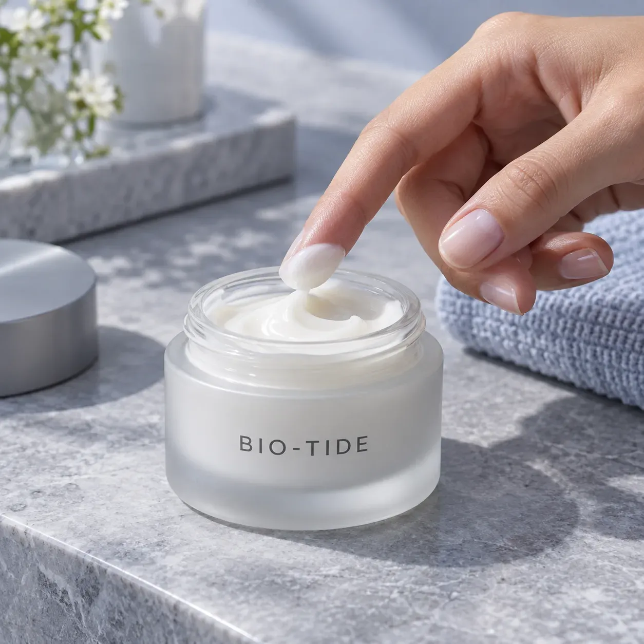 Fingertip lifting a small amount of pearl-white massage cleanser from an open jar