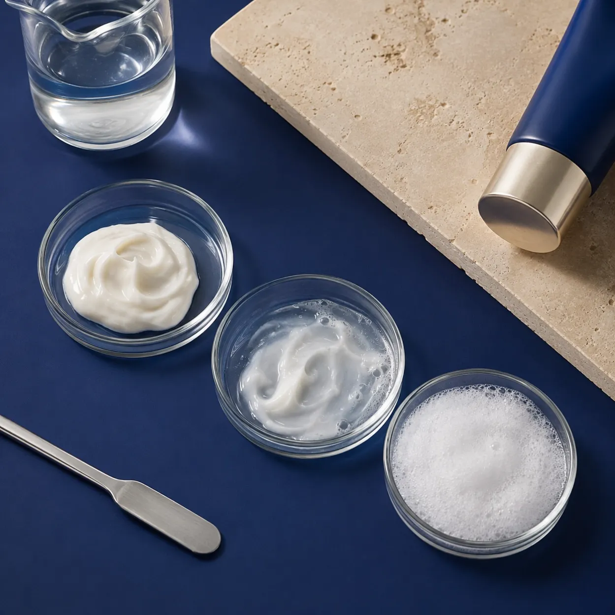 Top-down sample comparison showing cream, water pickup and dense lather stages