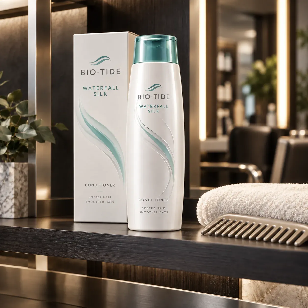 BIO-TIDE Waterfall Silk conditioner bottle and carton on a professional salon shelf