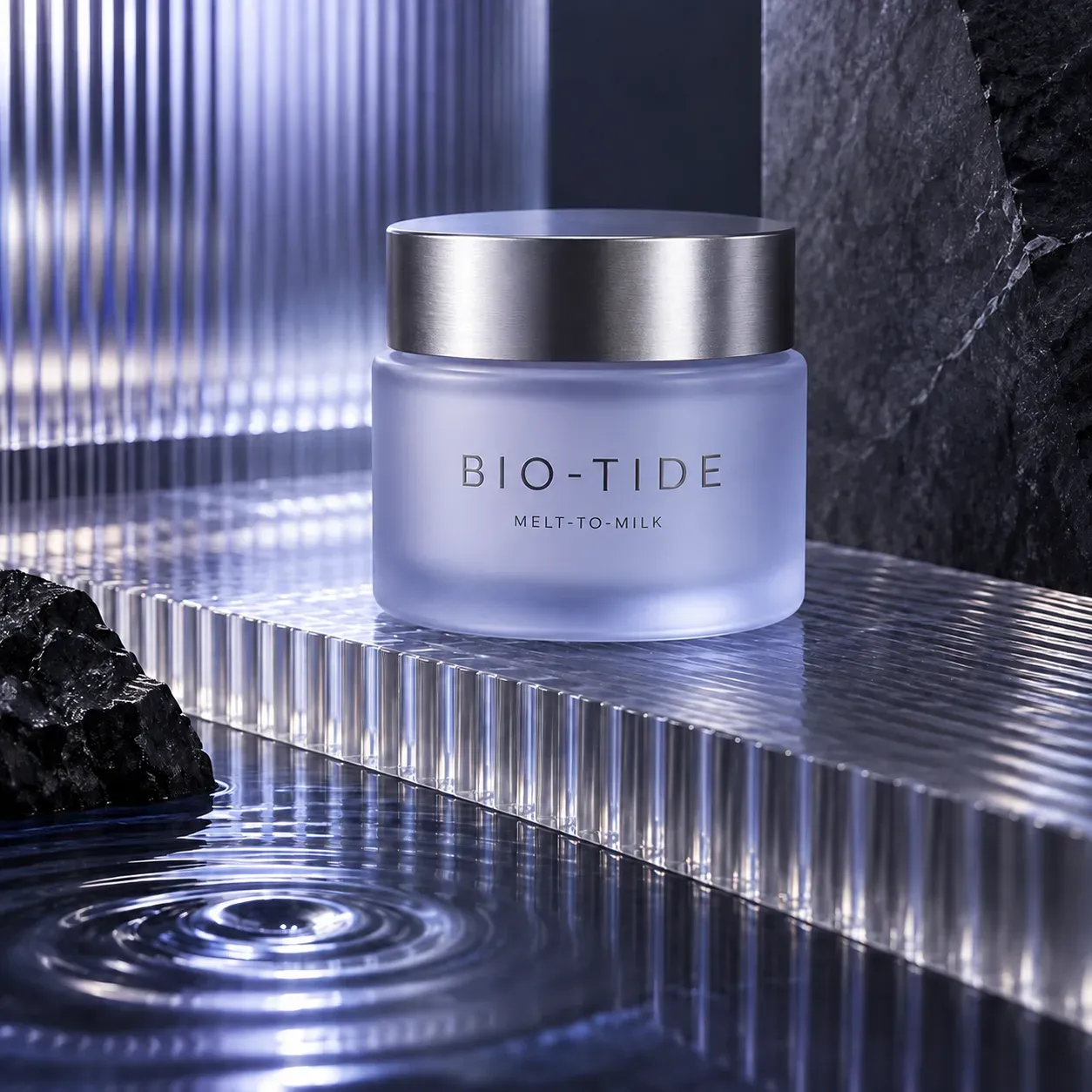 BIO-TIDE melt-to-milk cleanser jar in a blue-violet architectural studio set