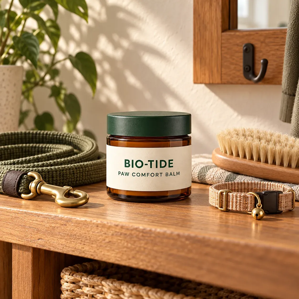 BIO-TIDE Paw Comfort Balm beside a leash, collar and grooming brush on an entry shelf