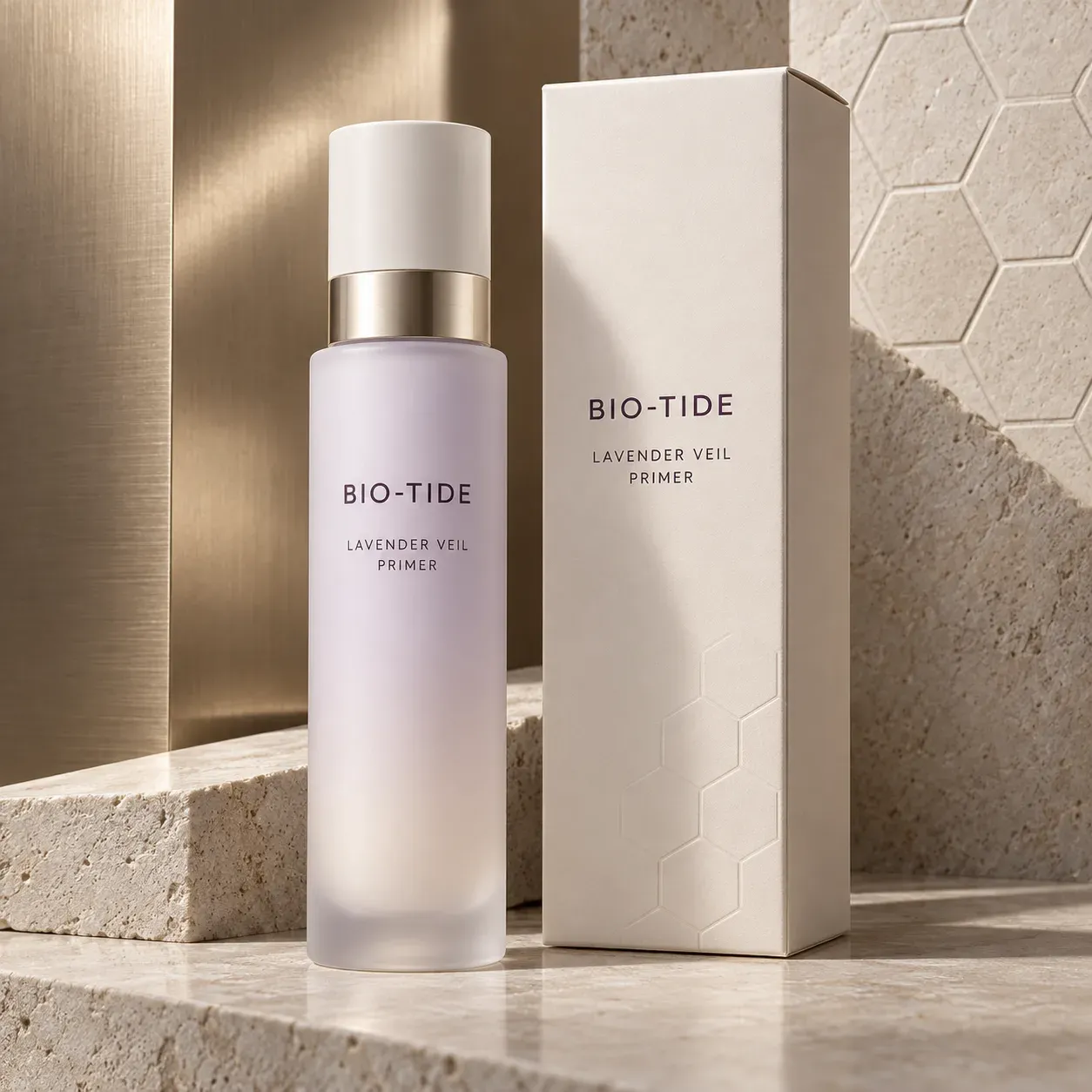 BIO-TIDE lavender primer bottle beside a warm ivory carton