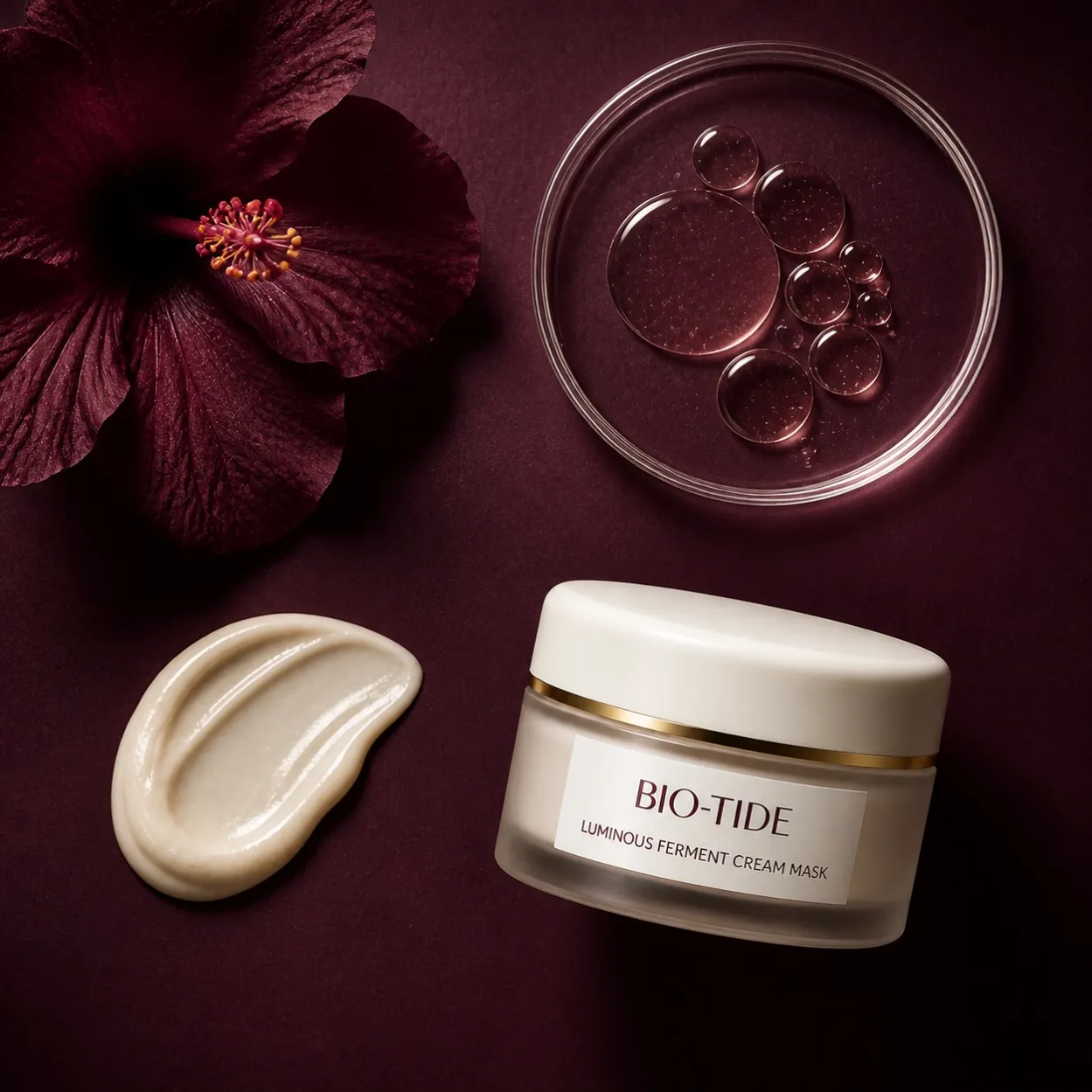 LUMINOUS FERMENT CREAM MASK formula and hibiscus concept