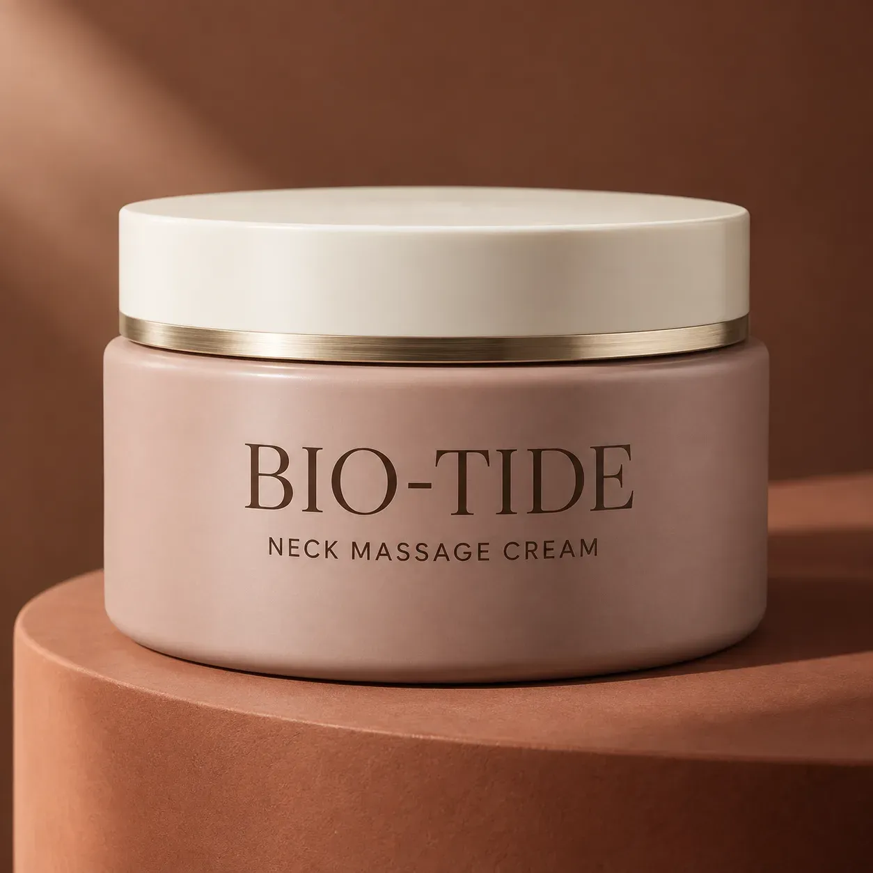 BIO-TIDE neck massage cream in a rose-taupe illustrative jar on a warm terracotta set