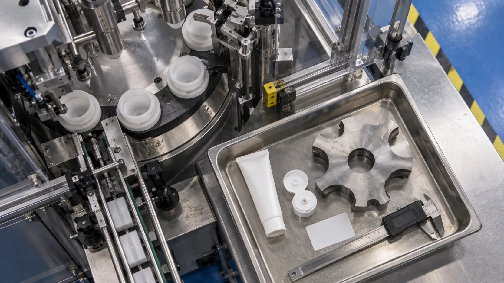 Near-vertical view of an unmanned sunscreen packaging-line changeover check with a tube, closure, star wheel and measuring tool