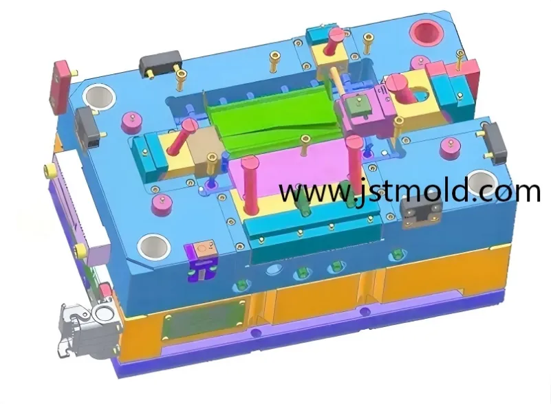 Full 3D CAD assembly of a complex multi-action injection mold featuring sliders and lifters