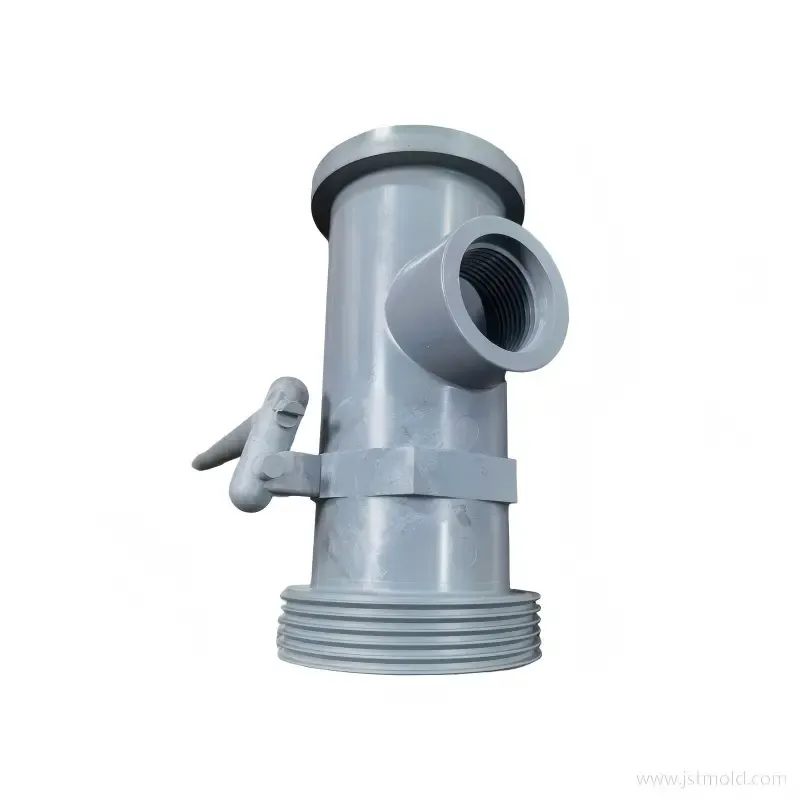 side view of PVC injection molded technical part with threaded and outlet features
