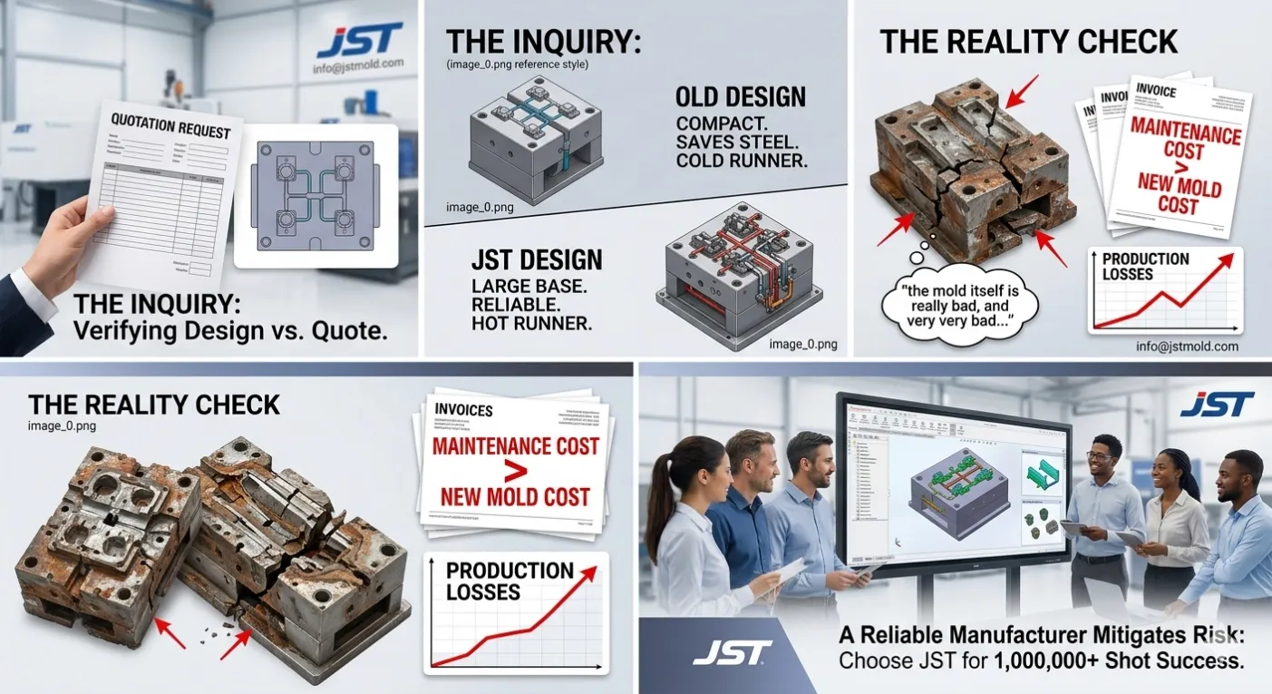 Comparison infographic showing JST engineered mold layout vs compact low-cost design failure