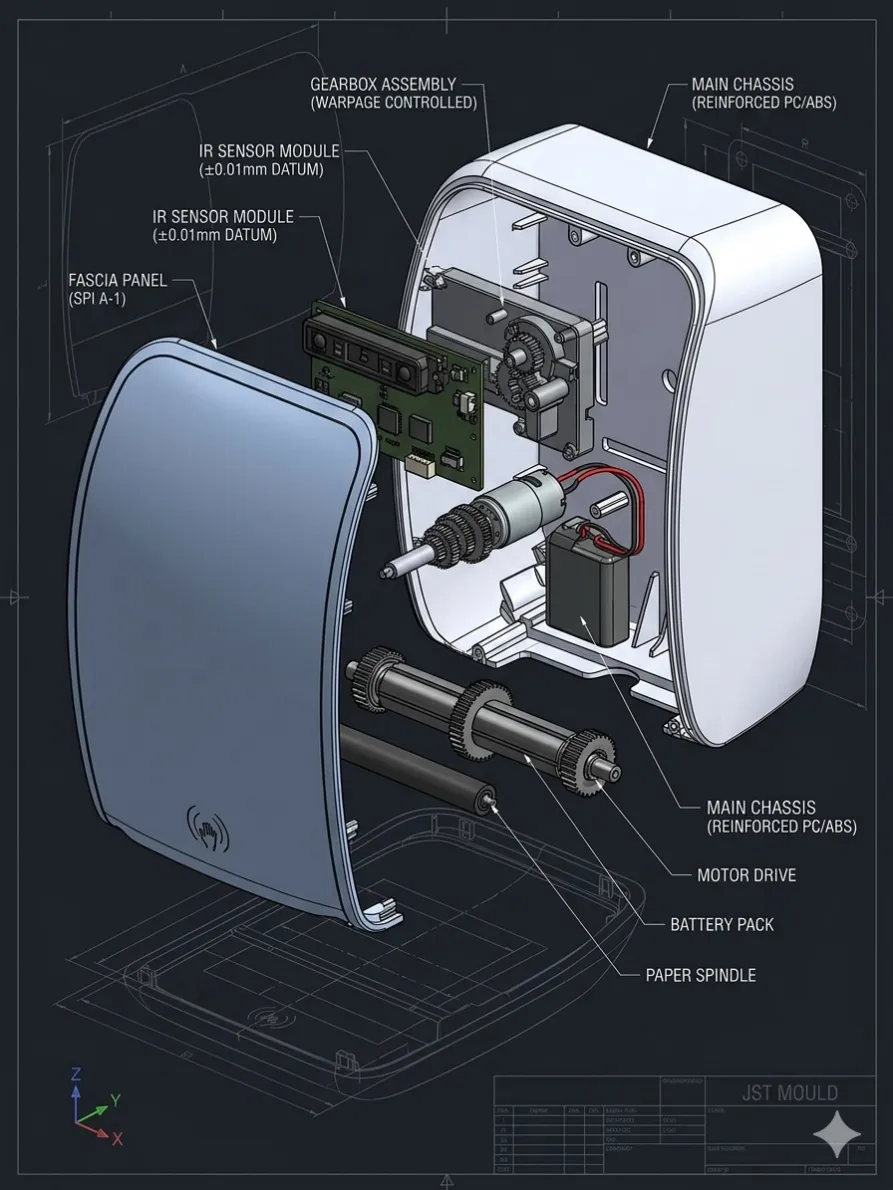Engineering exploded view of a touchless dispenser showing critical tolerance stack-up