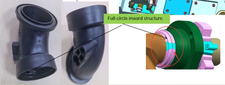 Detailed CAD layout of an injection mold with multi-stage core kinematics.