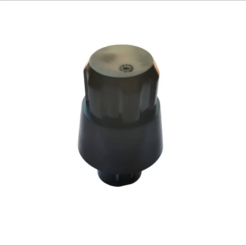 Black injection molded control knob and functional cap with a ribbed grip and tapered base