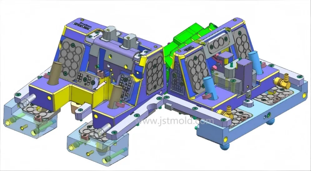 Exploded 3D CAD view of a complex Tier-1 injection mold showing systematic design architecture
