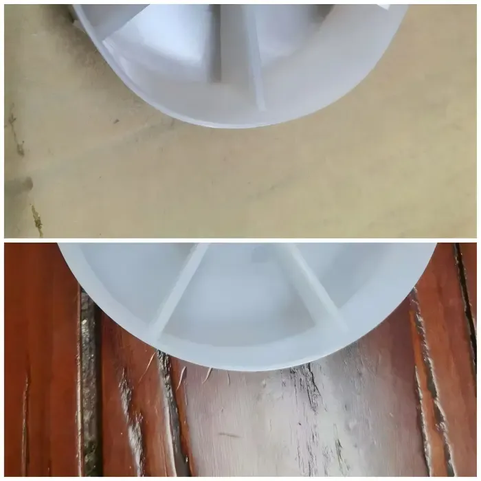 Quality comparison showing greyish part contamination vs pristine white part after barrel purging.