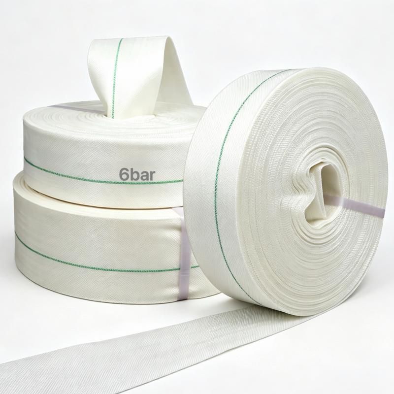 PE Wear-Resistant Woven Layflat Hose – Type 6 – PE wear resistant woven hose manufacture white 6bar label detail