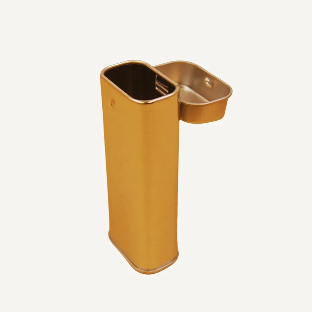 Tall gold rectangular tin box with open lid