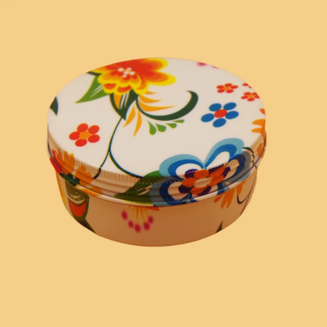 floral round printed tin box with colorful lid artwork for tea, cookies, candy or gifts