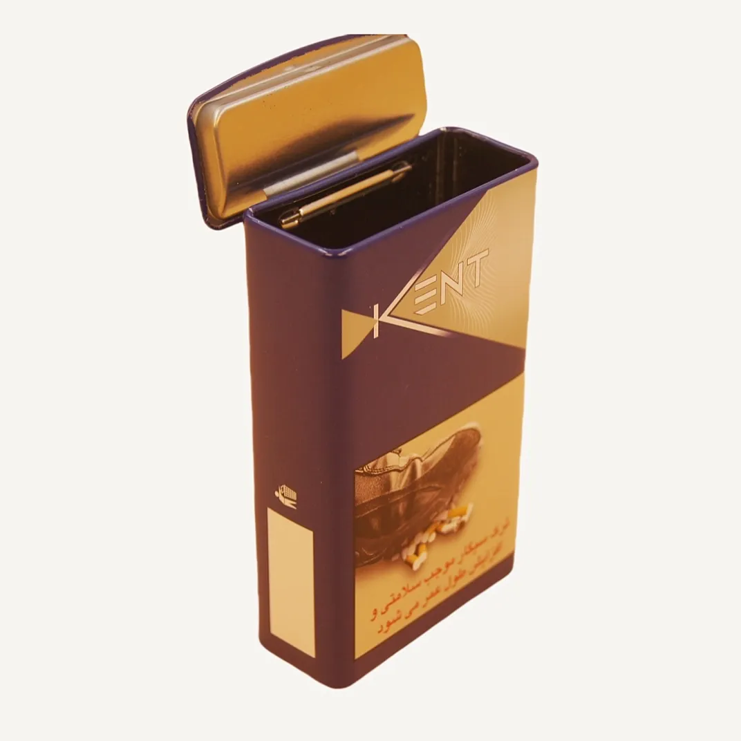 Open tall purple and gold rectangular tin box